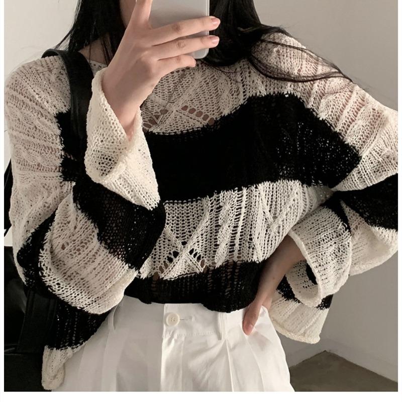 New Casual Twist Long Sleeved Striped Sunscreen Knitted Sweater Korean Style Women Retro Top Thin Hollow Out Loose Blouse O Neck Simple Clothing