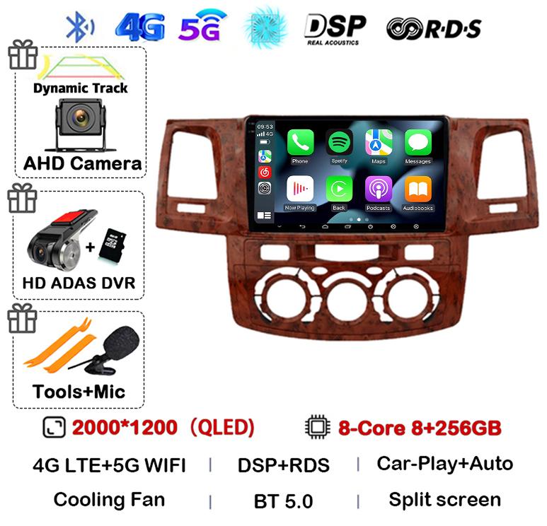 Android 14 Carplay Auto WIFI+4G Radio For Toyota Fortuner HILUX Revo Vigo 2007-2015 Stereo Car Multimedia Video Player GPS QLED