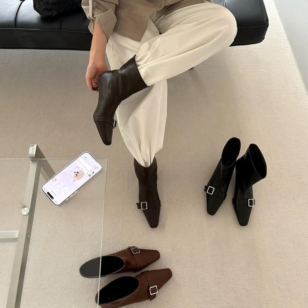 Retro inner heightening short boots women's boots new pointed belt buckle fashion western boots black coffee