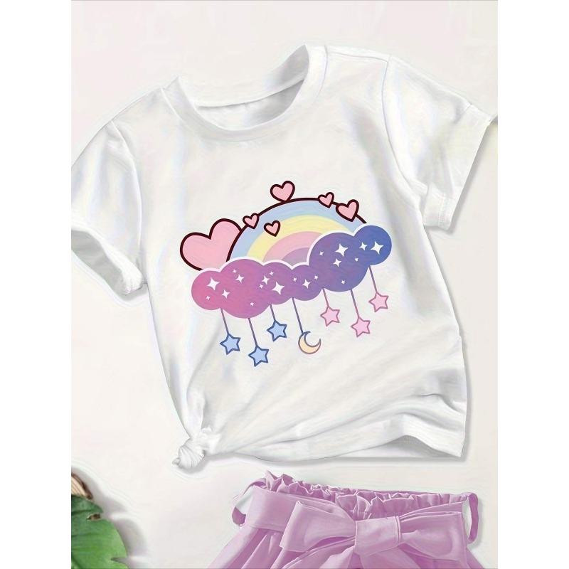 Kids White Crew Neck Short Sleeve T-Shirt with Rainbow Cloud Print 110 белый