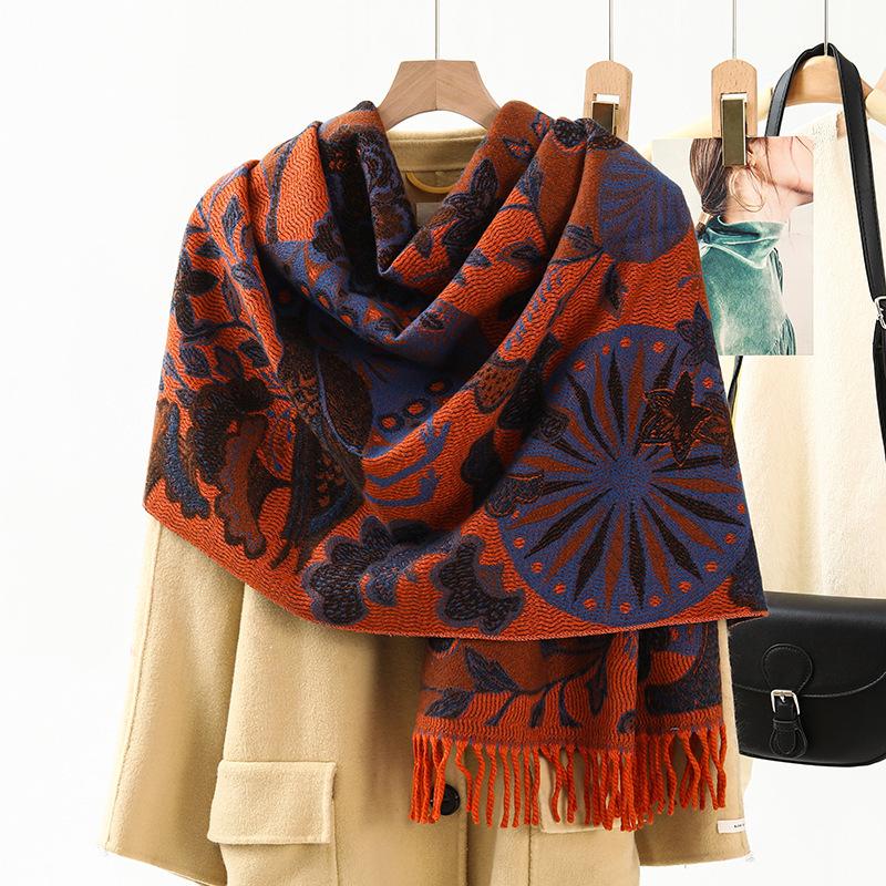 Jacquard Scarf Shawl with Decorative Imitation Cashmere Scarf for Women Winter High End New Style Thickened Ethnic Style Shawl