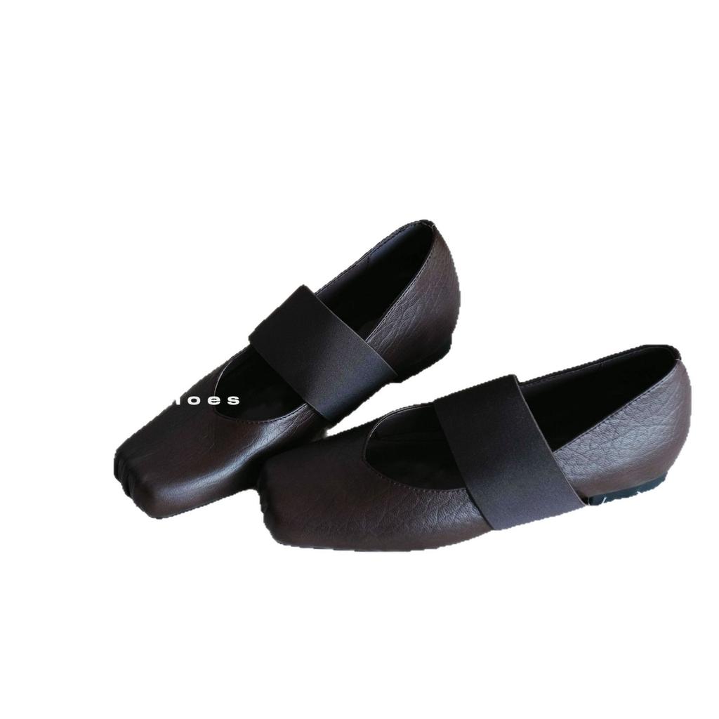 2025 New French Square Head Elastic Band Thick Sole Shallow Mouth Ballet Shoes Women's Pig Nose Elephant Pattern Retro Fashion Shoes