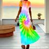 Women Plus Size Short Sleeve V Neck Maxi Dress Loose Tie Dye Print Beach Vacation Long Dress