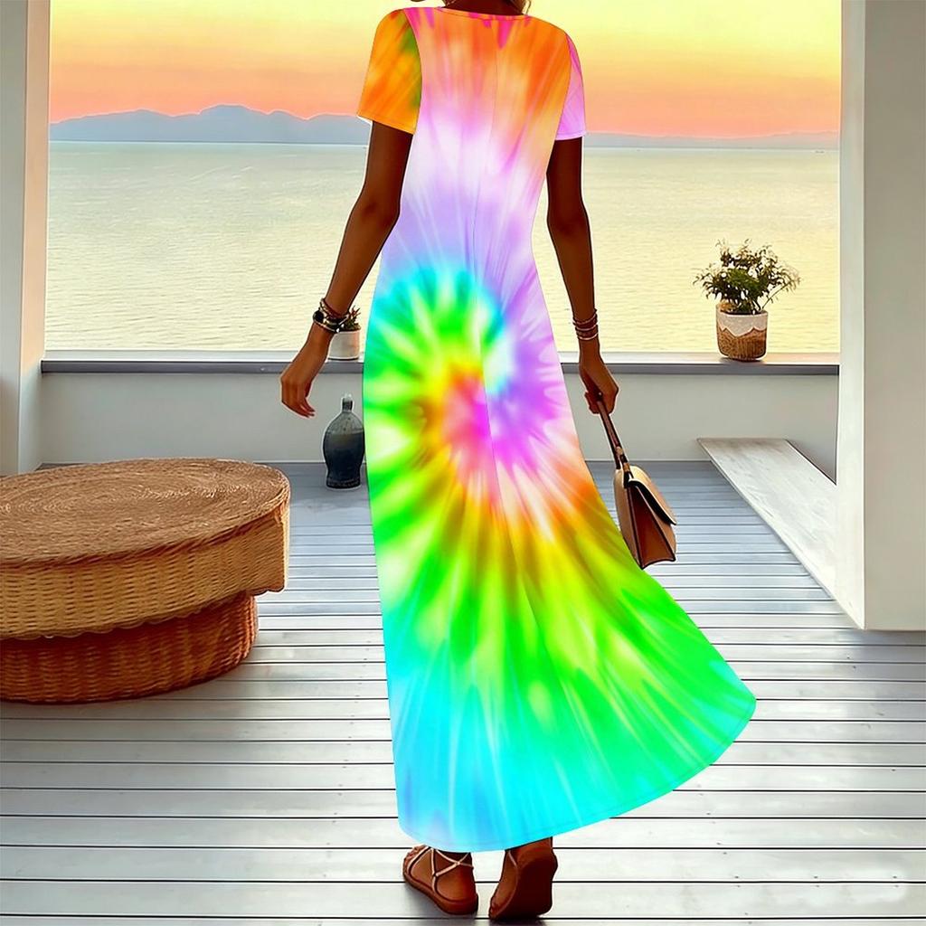 Women Plus Size Short Sleeve V Neck Maxi Dress Loose Tie Dye Print Beach Vacation Long Dress