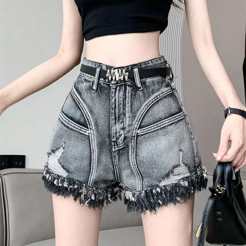

Женские джинсовые шорты, летние американские ретро с высокой талией, тонкие кисточки, простые повседневные сексуальные велосипедные шорты трапециевидной формы, тренд уличной моды
