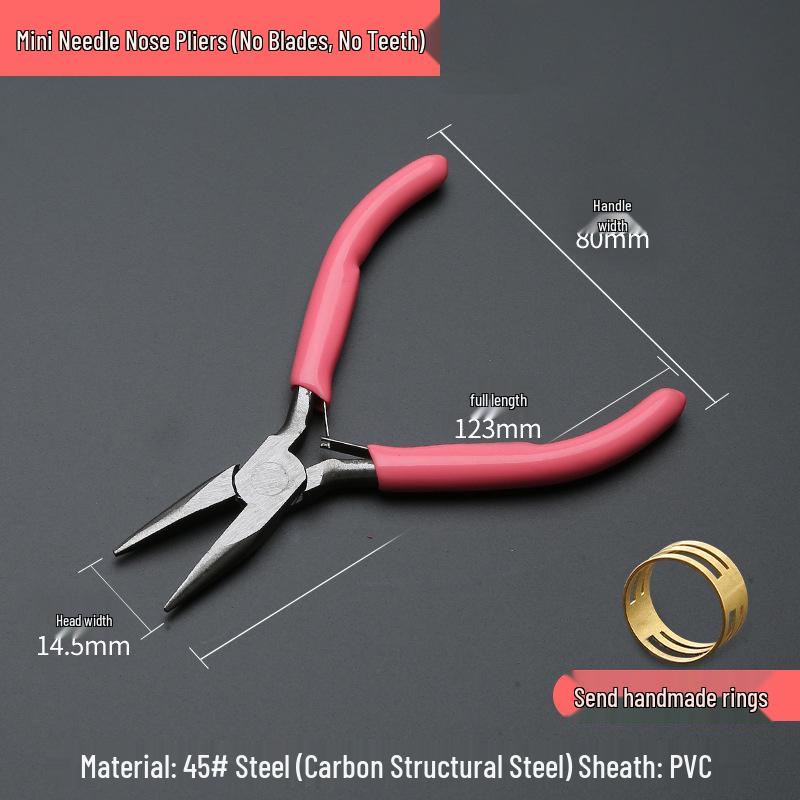 Pink DIY Multifunctional Jewelry Pliers Set: 5" Needle-Nose, Round-Nose, and Angled Pliers. Ideal for crafting and detailed work.
