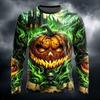 Men Halloween Long Sleeve T‑Shirt 3D Glowing Pumpkin Print Bat Moon Haunted House Horror Graphic Crew Neck Casual Party Tops