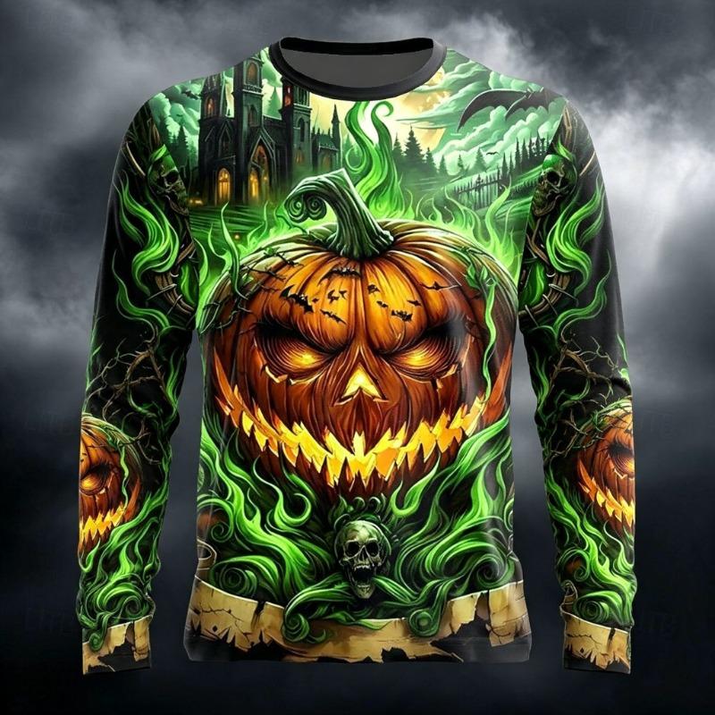 Men Halloween Long Sleeve T‑Shirt 3D Glowing Pumpkin Print Bat Moon Haunted House Horror Graphic Crew Neck Casual Party Tops