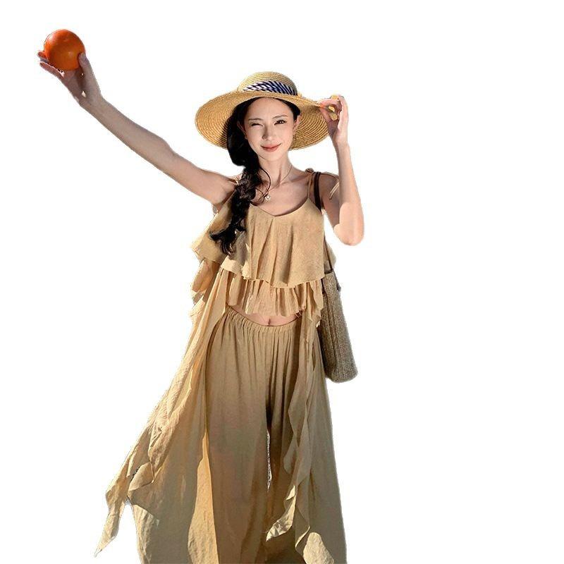 Design Seaside Vacation Suit Wear Women's Summer Lotus Leaf Edge Streamer Vest Loose Wide-leg Pants Two-piece Set