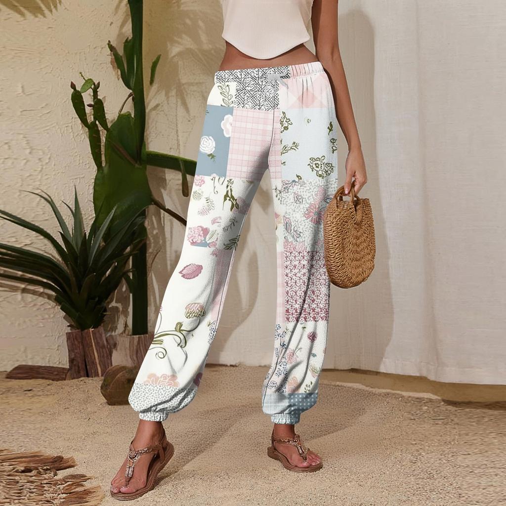Women's Casual Patchwork Print Jogger Sweatpants with Drawstring Elastic Waist and Cuffed Leg