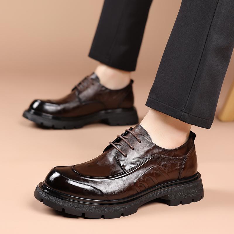Top Layer Cowhide New Men's Formal Business Leather Shoes High-end Light Luxury Big Head Thick Soled Men's Shoes Trendy Lace Up Single Shoes