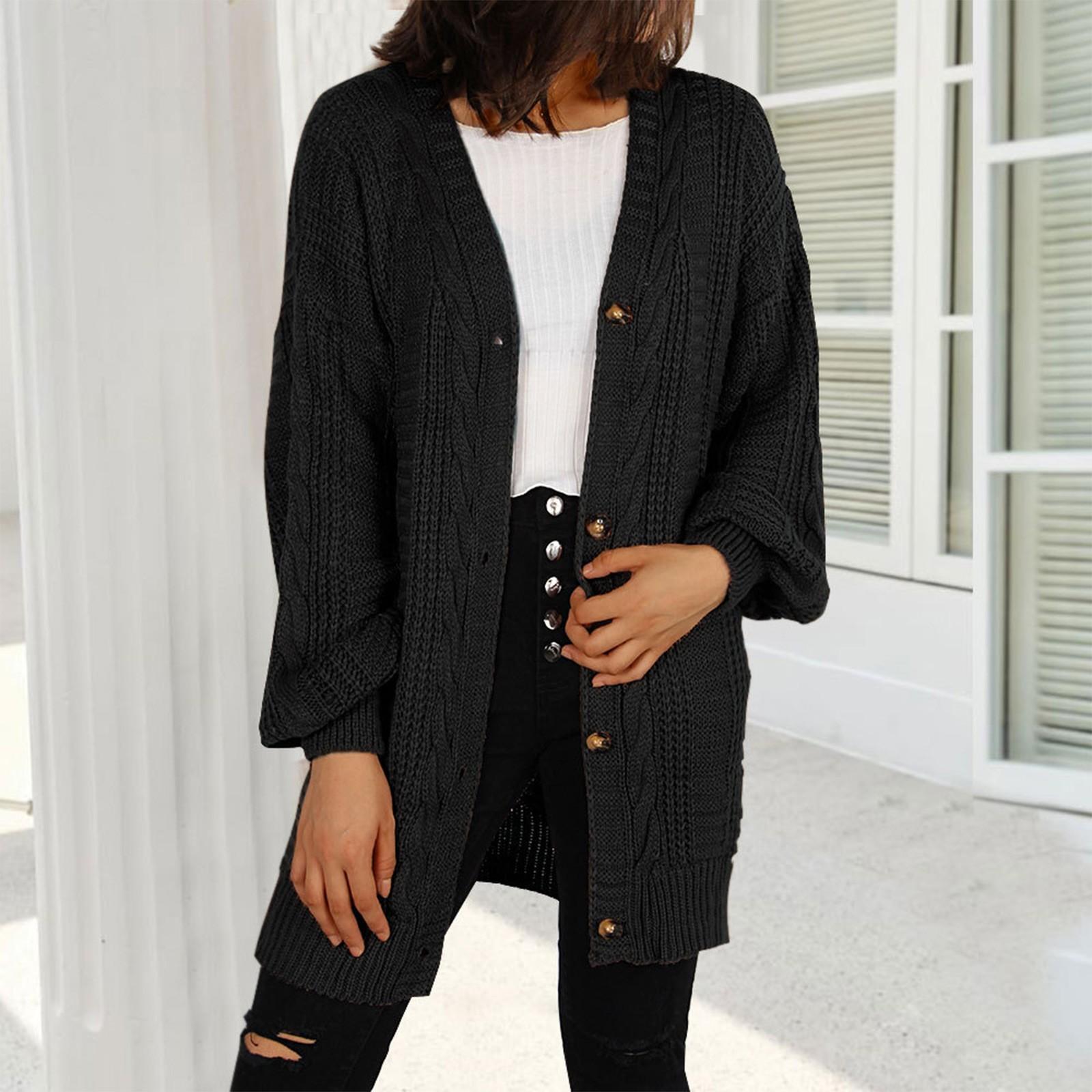 

Women s Casual Loose Solid Color Long Sleeve Cardigan Sweater Top Outwear L чорний