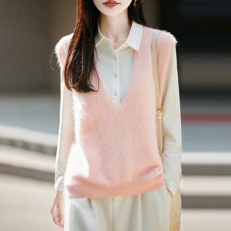 2026 Fall Womens V-Neck Knit Vest Silk Cashmere Wool Blend Sleeveless Top Solid Color Loose Fit