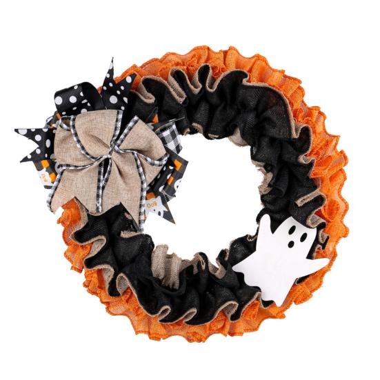 Halloween Wreath 15 Inch for Front Door, Rustic Ruffle with Rhinestone Bow Ghost And Burlap Fireplace Walls Windows Gothic Party Decor Fluffy