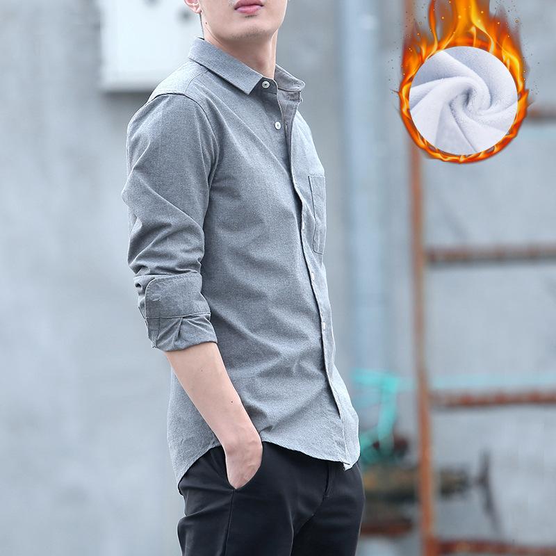 Winter Padded Thickened Warm Shirt Men Long Sleeve SlimFit Casual Business Dress Shirts Solid Color White Shirt