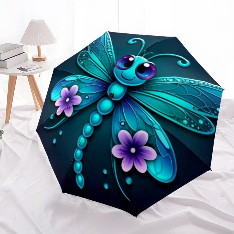 Cute Turquoise Dragonfly & Purple Flower Print Folding Umbrella, Cartoon Insect Sun/Rain Protection