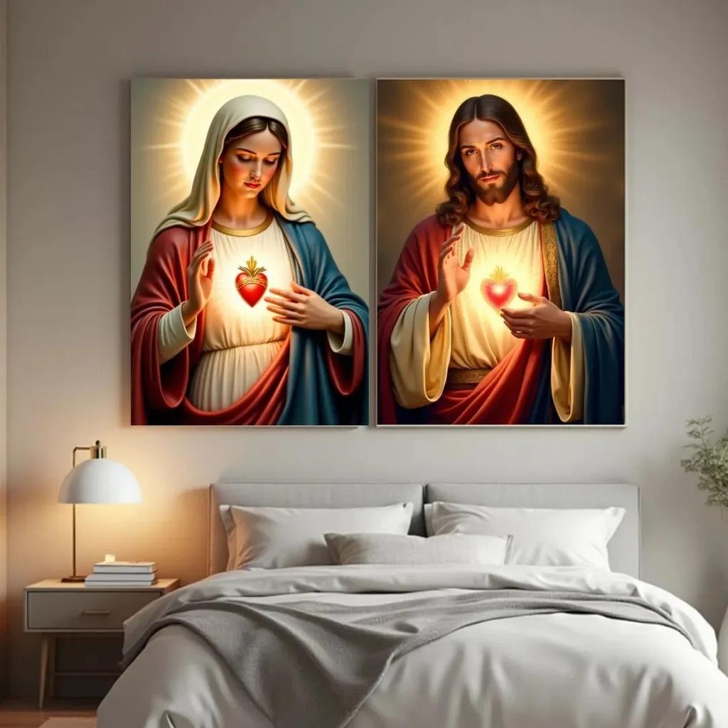 ציור קנבס דתי נוצרי של ישו ומרים הבתולה, לב קדוש, פוסטר אמנותי של ישו הילד הקדוש הקתולי, עיצוב בית נוצרי
