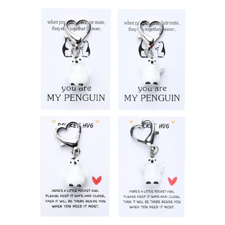

4PCS Playful 3D Penguins Key Holder Set Resin Animal Accessories With Hugging Card Gift for Valentines Day 1
