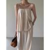 Été Élégant Solide Sexy Plissé Deux Pièces Ensembles Femmes Volants Sans Manches Hauts + Pantalon Large Femme Patchwork Rétro Décontracté Fête Plage Costumes