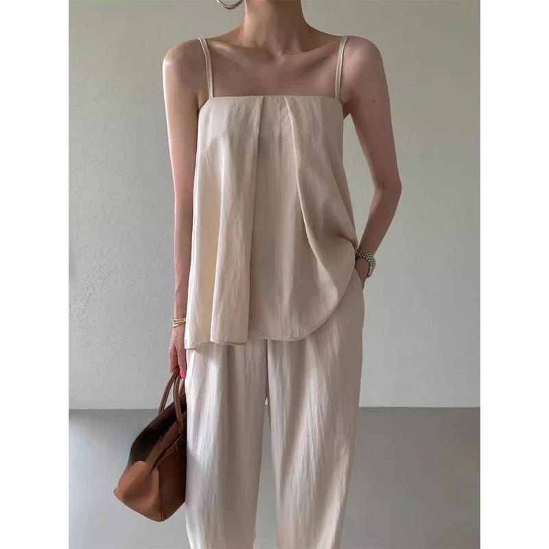Été Élégant Solide Sexy Plissé Deux Pièces Ensembles Femmes Volants Sans Manches Hauts + Pantalon Large Femme Patchwork Rétro Décontracté Fête Plage Costumes