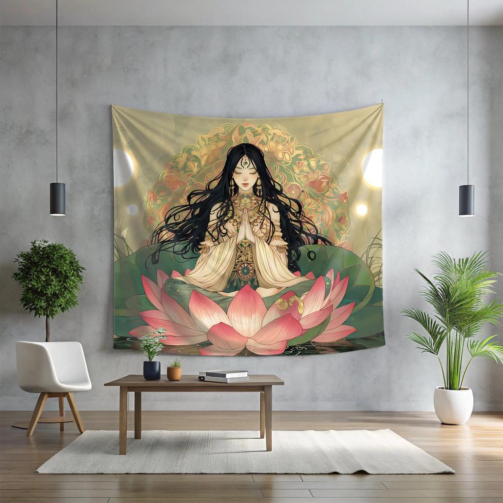 2D Flat Printed Zen Yoga Lotus Meditation Goddess Tapestry Peach Skin Wall Hanging For Bedroom Living Room Aesthetic Home Decor