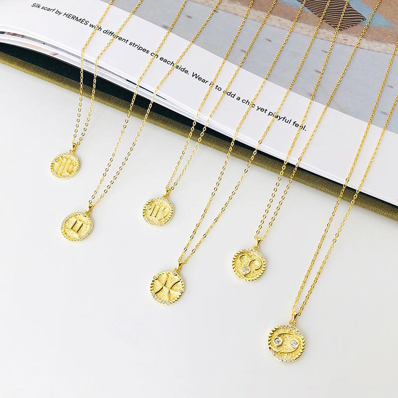 925 Sterling Silver Gold Plated CZ Stone Sign Coin Zodiac Necklaces Cubic Zirconia 12 Horoscope Necklace
