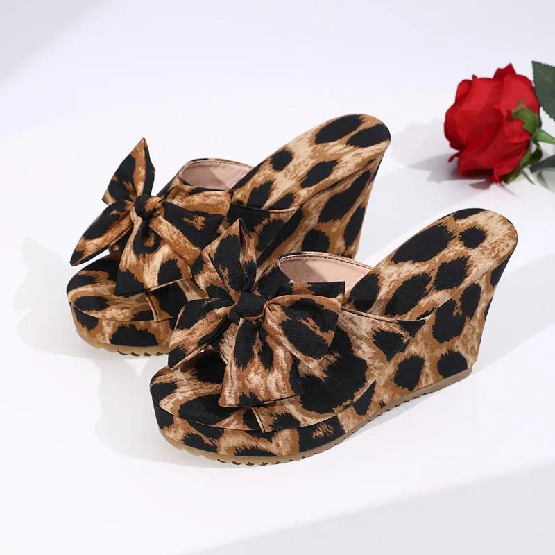 Summer New Slippers Women Fashion Round Head Cloth Leopard Print Butterfly Knot Thick Soles Anti-slip Wear-resistant High Heels