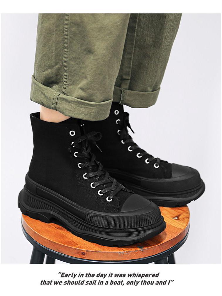 Versatile Men's Black Canvas High-Top Sneakers - Trendy, Thick-Soled, Height-Boosting Casual Sports Shoes for Spring and Autumn.