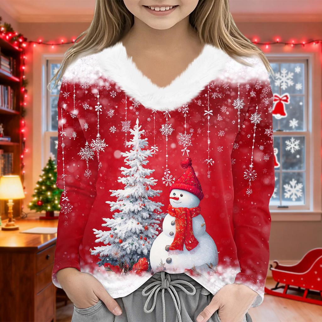 Christmas Day Girls Long Sleeve T Shirts Kids  Girls' V-Neck Tee Christmas Print Long Sleeve Top