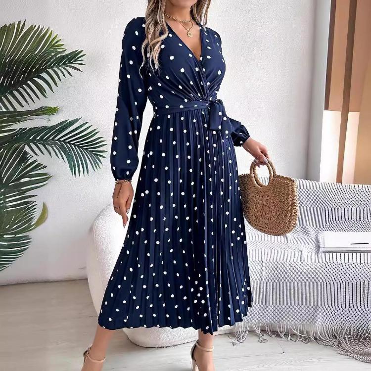 Women Long Sleeve A Line Long Dress High Waist Dot Pleated Autumn Winter Fashion