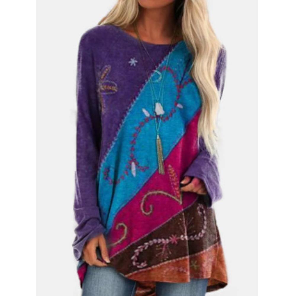 Camisetas de Primavera y Otoño de Cuello Redondo con Parches 3D Estampadas Camisetas de Moda Casual de Manga Larga para Mujer