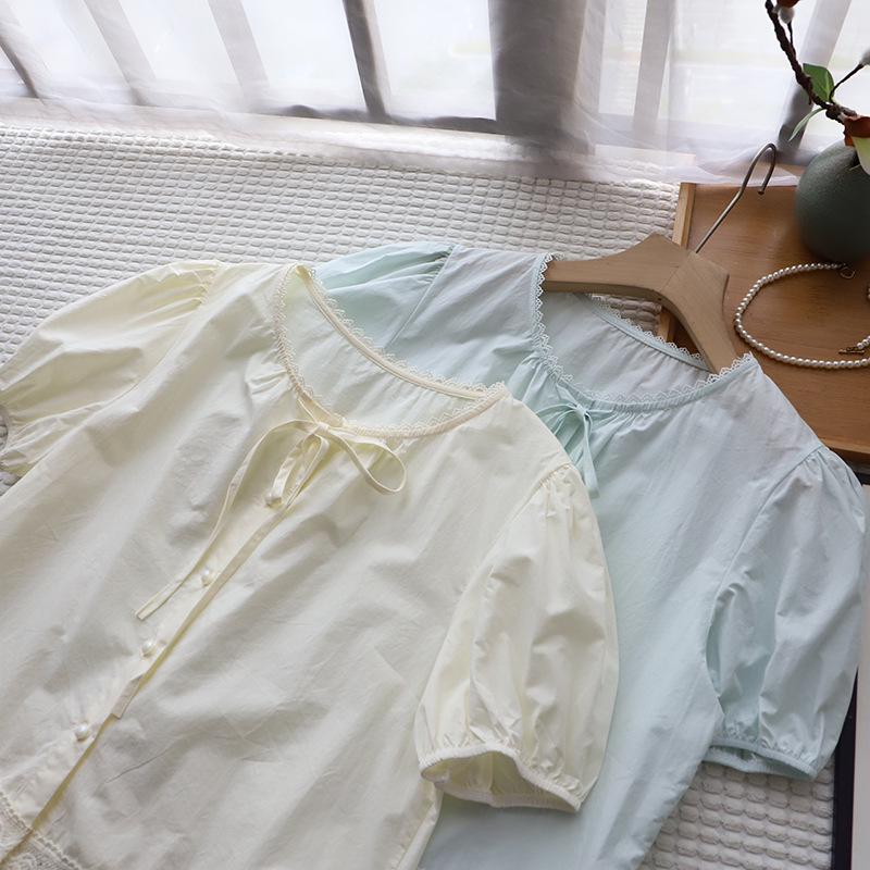 Bi Zheng 2025 Summer Korean Style Lace Patchwork Bubble Sleeve Tie-Up Shirt