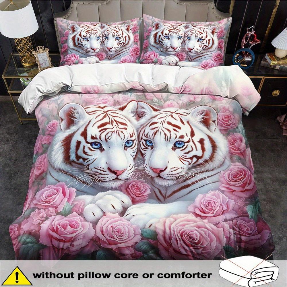 Kaijit White Tiger Theme Duvet Cover Set - 2/3Pcs, Soft, Comfortable And Breathable, Animal Flower Pattern Print Bedding Set