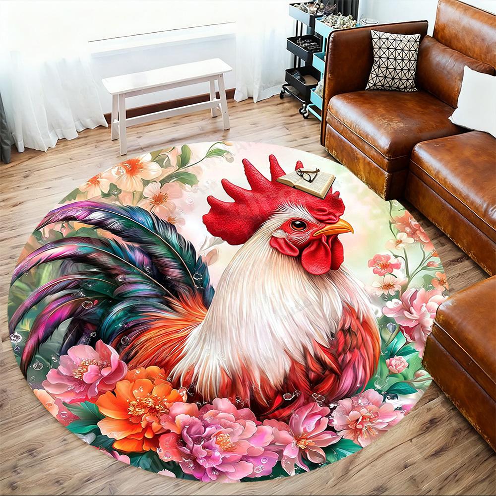 1PC rooster flowers Office Round Area Rug, Under Office Chairs Bedroom Living Room Home Decor, Carpet for Office -1110109