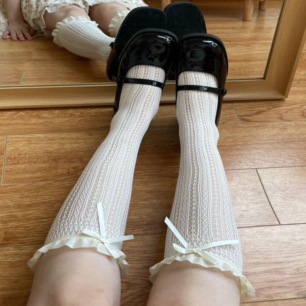 Lace Mesh Lolita Long Socks Ruffle JK Fishnet Stockings Fashion Knee High Socks  For Women Girls