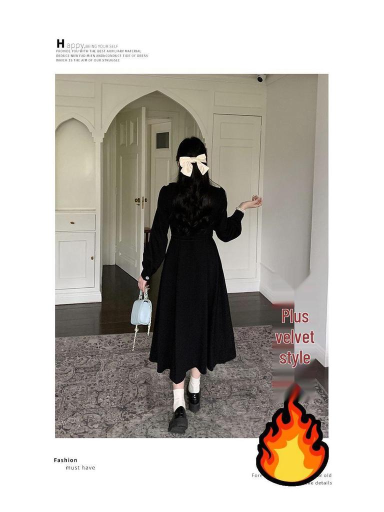 Plus Size French Velvet Campanula Two-Piece Autumn/Winter Dress - Waist-Cinched, Slimming Mid-Length.