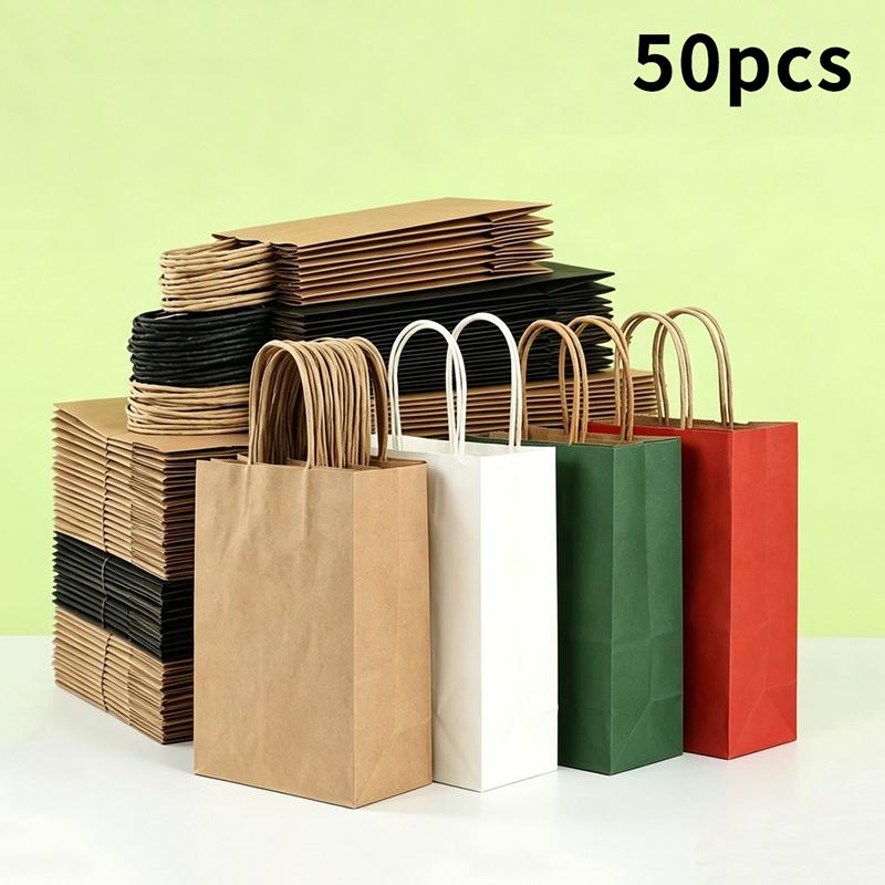 50Pcs Kraft Paper Bag Plain Rope Handle Hand Bag Gift Bag Paperbag For Christmas/Party/Shopping/Retail Business Use