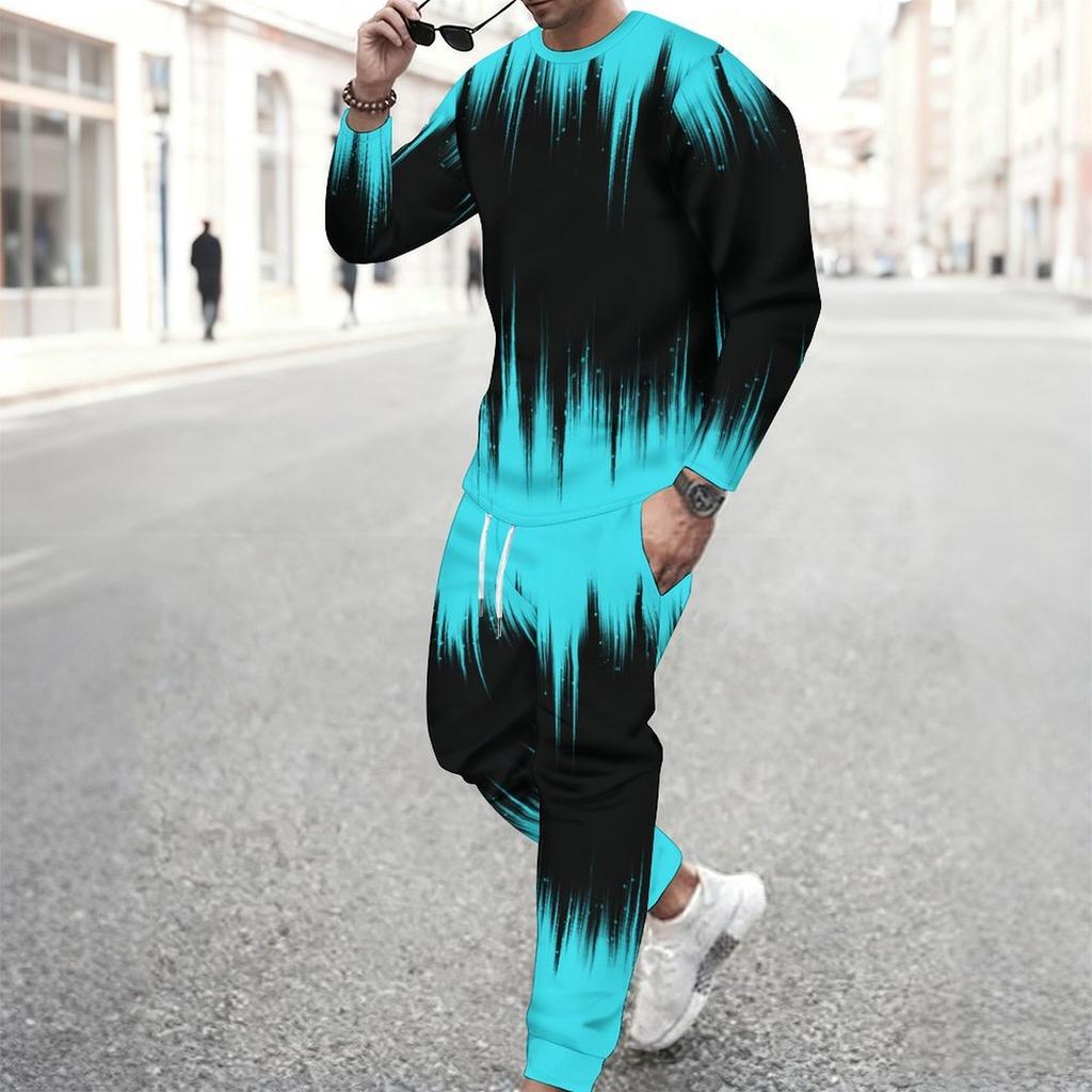 Men Black Cyan Brush Stroke Drip Gradient Print Long Sleeve Sweatshirt Jogger Pants Two Piece Suit