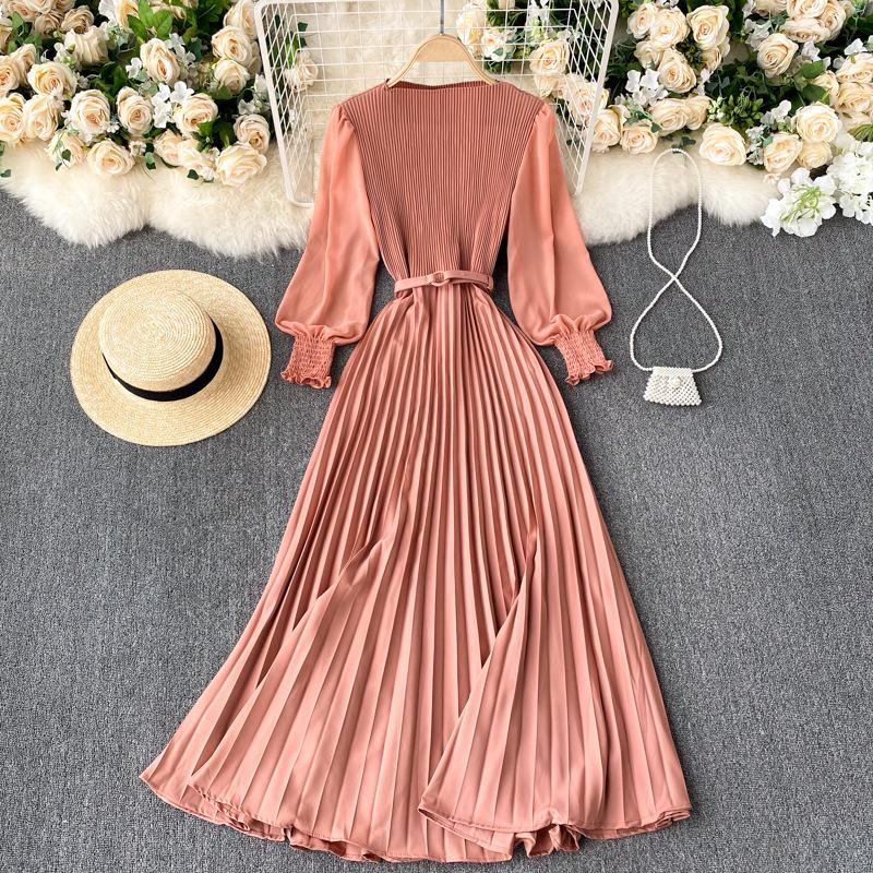Vestido plisado francés de primavera para adelgazar - Elegante falda larga que ciñe la cintura