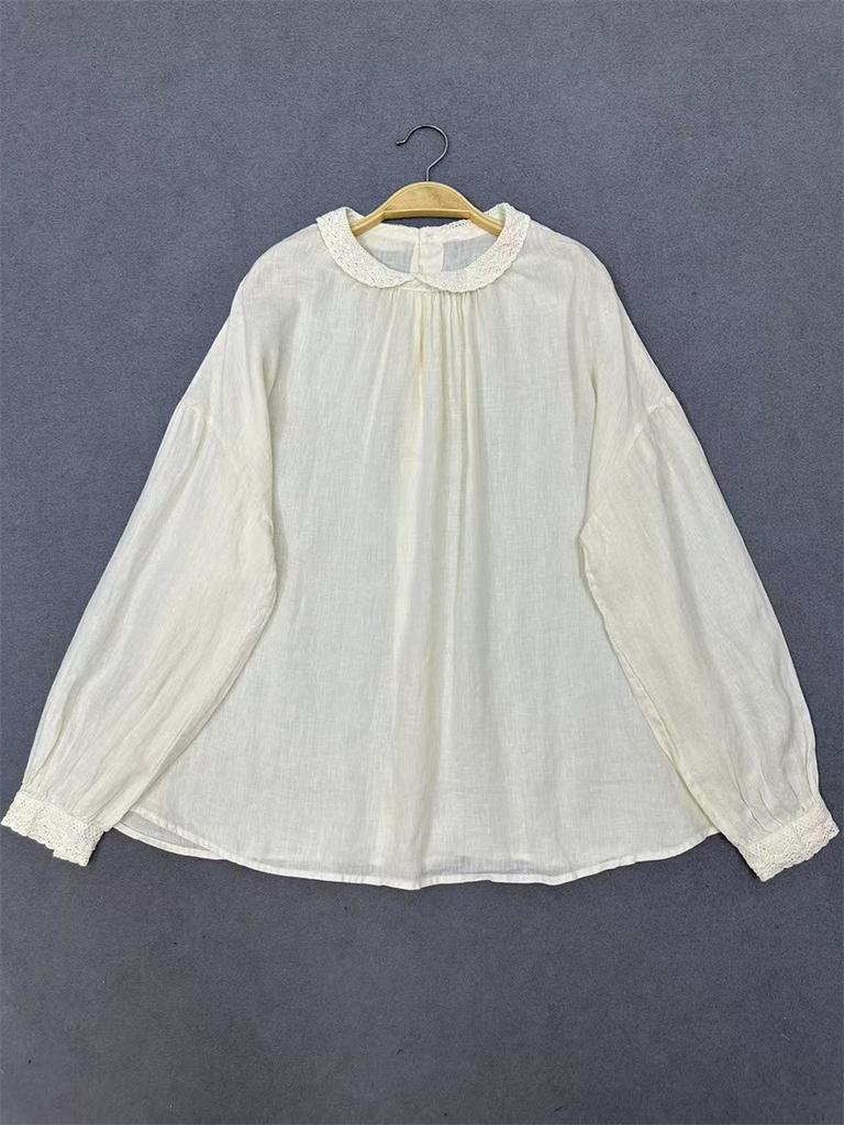 Johnature Thin Lace Trim Shirt Vintage Long Sleeve Top For Spring Autumn Women Shirts
