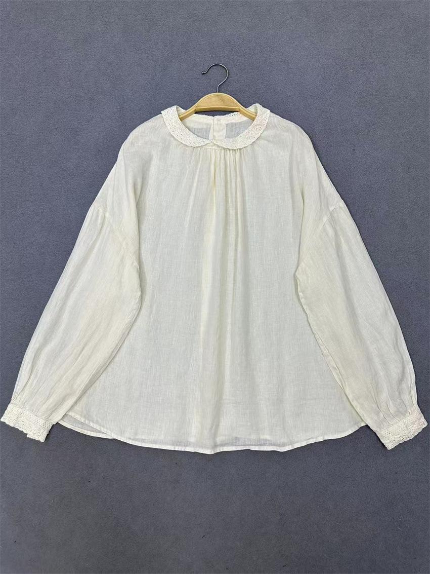 

Johnature Thin Lace Trim Shirt Vintage Long Sleeve Top For Spring Autumn Women Shirts One Size бежевый