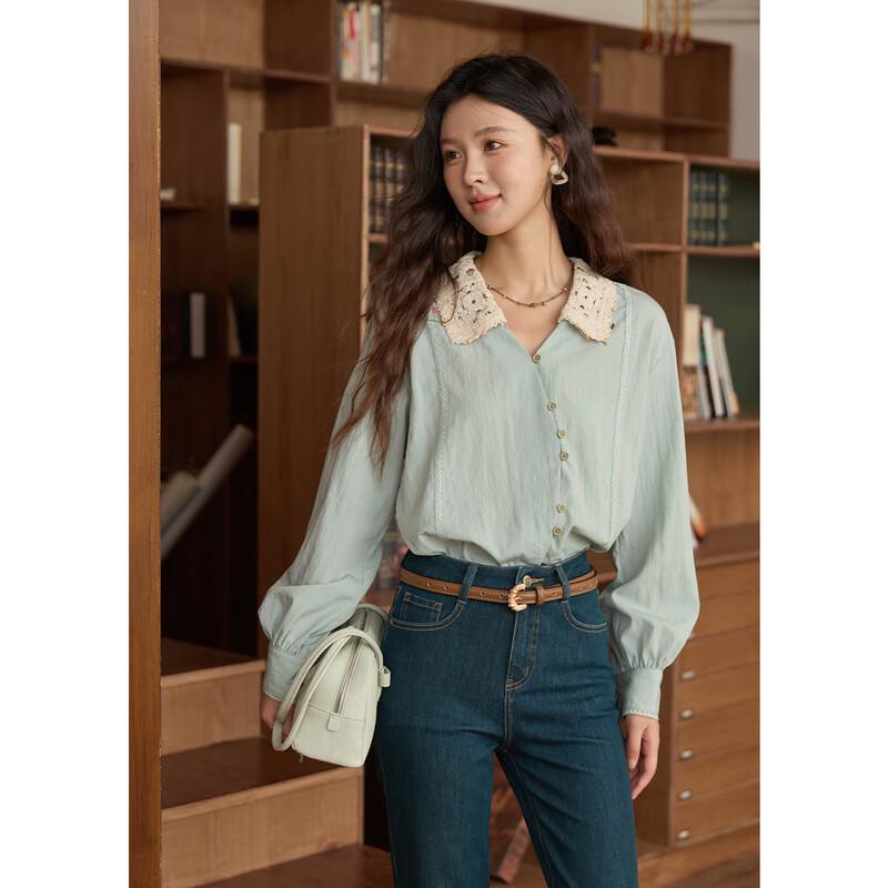 Mishow Women s Linen Blend Long Sleeve Hollow-out Lapel Shirt S