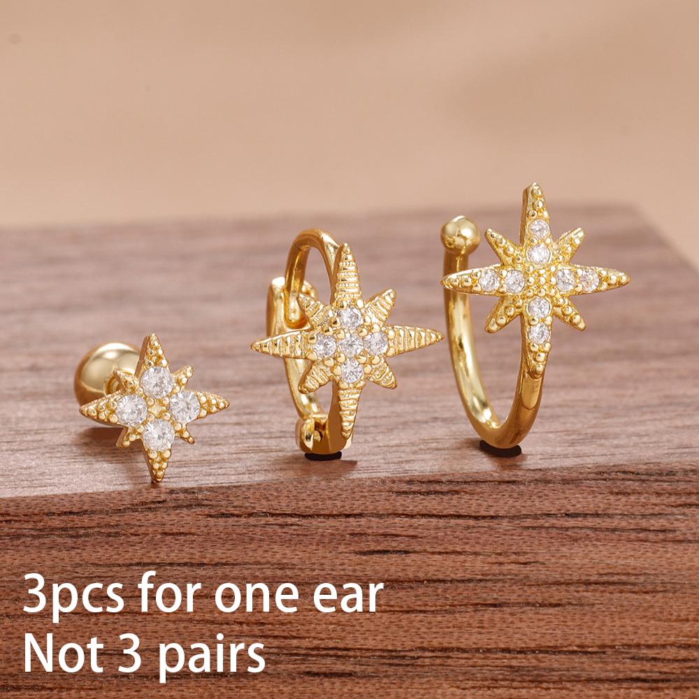 Набор из 3 шт. корейских блестящих сережек-клипс в виде звезды с цирконием для женщин, из нержавеющей стали, женский милый ушной кафф, серьга для хряща, украшение