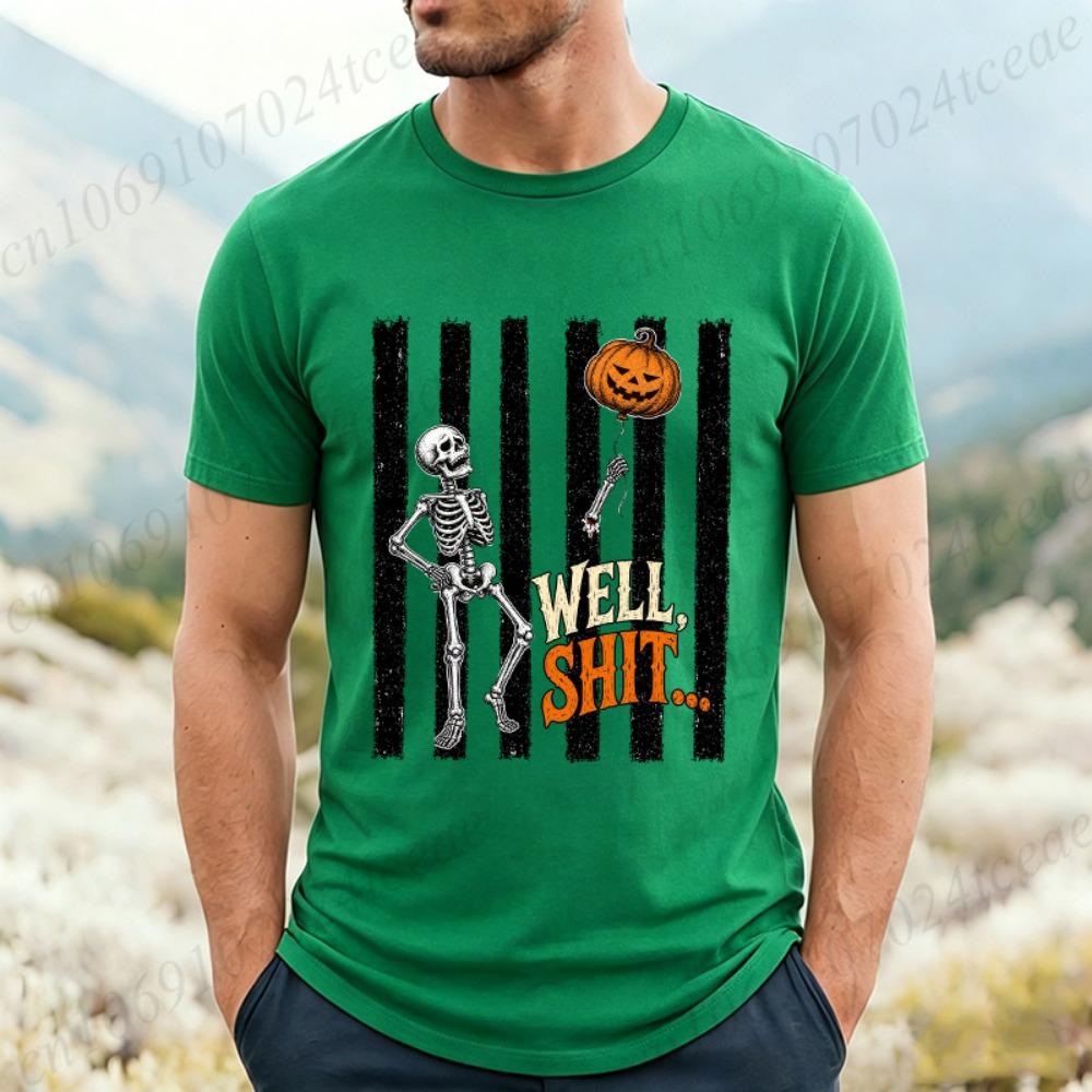Skeleton Lost Balloon Print Men's T-Shirts Well Shit Funny Skeleton Shirts Dark Humor Halloween Design T-Shirts Gothic Tees Gift