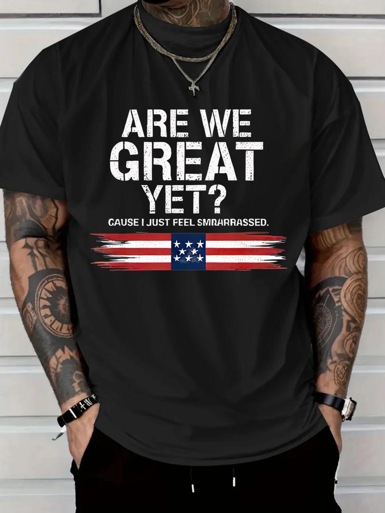 New Pure Cotton MensTShirt with Are We Great Yet American Flag Print for Casual Wear Graphic Tee Breathable and Comfort