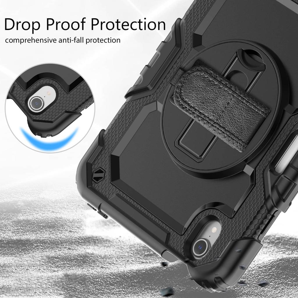 Case for IPad Mini 7 (A17 Pro)2024/ Mini 6 8.3'' with Screen Protector Pencil Holder [360 Rotating Hand Strap] &Stand Shockproof