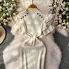 Summer Women Elegant Ruffle Metal Button Office Work Knitted Sheath Sweater Mini Dresses