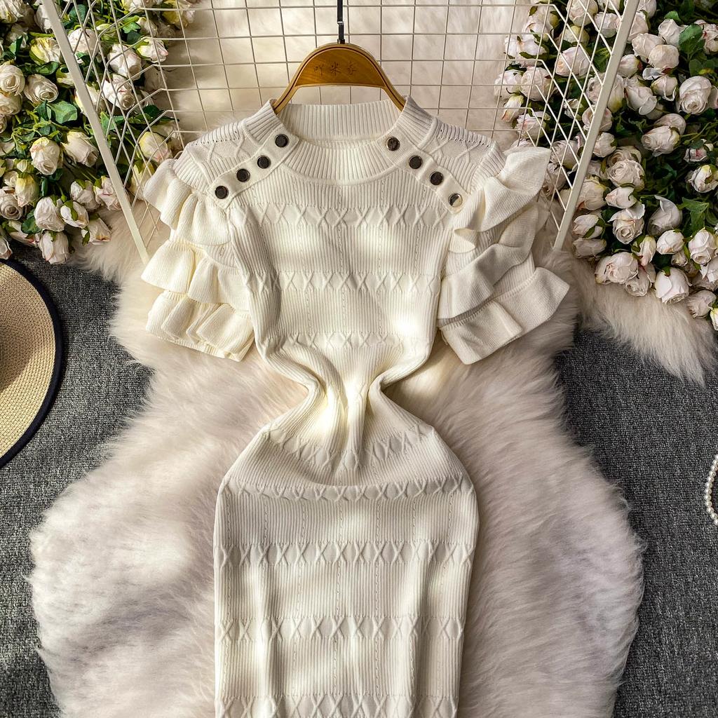 Summer Women Elegant Ruffle Metal Button Office Work Knitted Sheath Sweater Mini Dresses