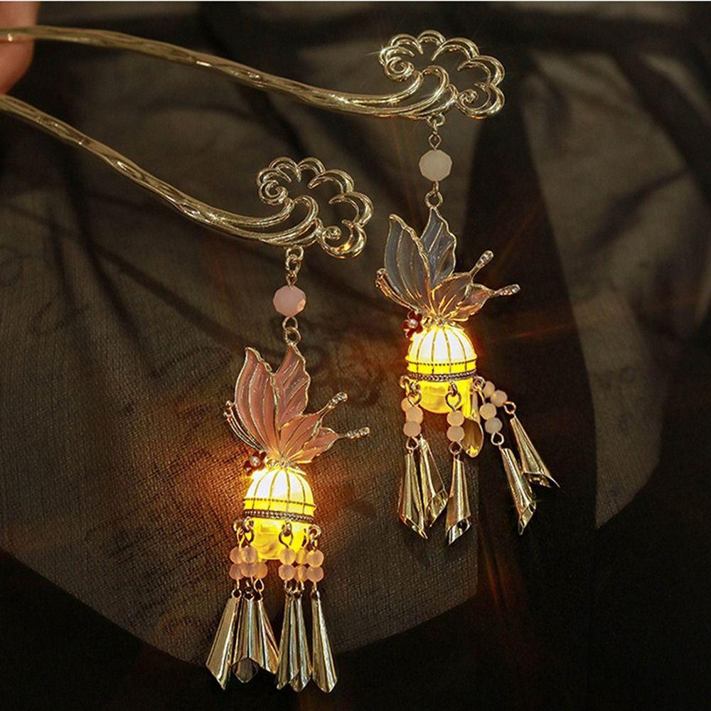 Luminescent LED Lantern Tassel Hair Stick Pearl Hanfu Hair Clip Glowing Lantern Hairpin  Cheongsam