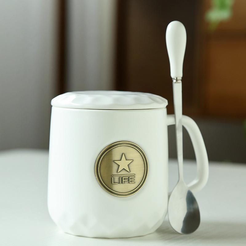 Ceramic Coffee Mermaid Copper Stamp Xingba Wind Ceramic Cup With Lid Spoon